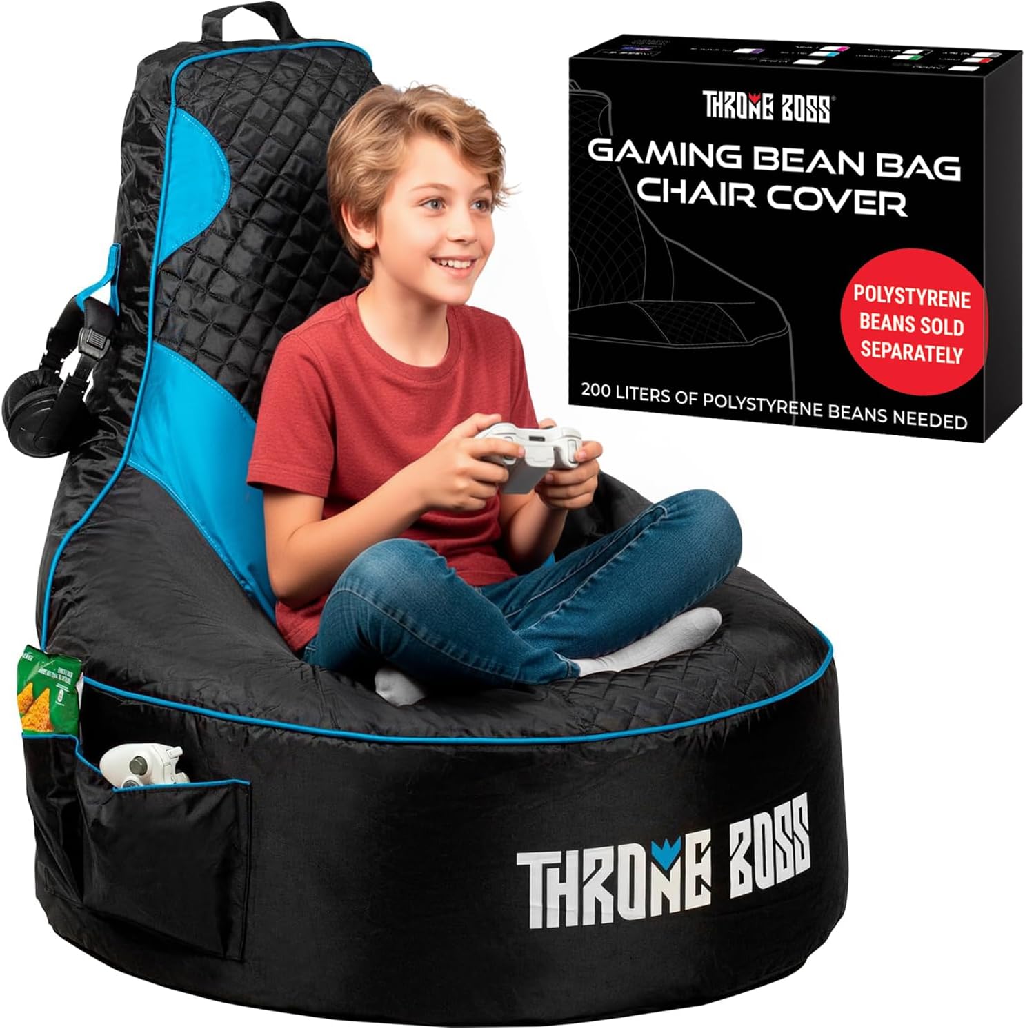 Throne Boss Gaming Bean Bag Chair Cover for Kids with High Back, Blue – Floor Gaming Chair Cover, Easy to Clean Fabric, Large Side Pockets, Headphone Hanger, Requires 200 Liters Polystyrene Beans